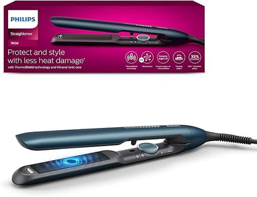 Philips Plancha de pelo serie 7000 con tecnología ThermoShield, Iones, Placas de 105mm de Largo Flotantes con Aceite de Argan, 50% más rapida, BHS732/00, Azul